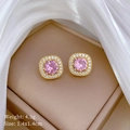 Detail of pink zircon earrings with diamond halo and gold finish on champagne silk - Square Pink Rhinestone Earrings (C226) / Gold - Stud Earrings (C226)