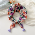Floral cotton linen scarf with purple dahlia print and long tassels on white cloth - Neptune Ball Purple (Fringe)