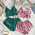 Conjunto de pijama de satén para mujer, verde oscuro y rosa, con camisola y short - S / Verde + Rosa
