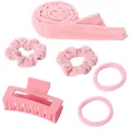 Pink velvet 6-piece heatless hair curler set with scrunchies and claw clip - Pink Bow 5-Piece Set