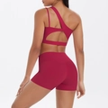 Women's burgundy one-shoulder yoga set with cutout sports bra and high-waist shorts - S / Carmine