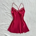 Elegant rose red satin nightgown with lace trim and cross back straps - S / Red