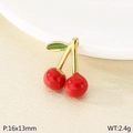 DIY strawberry cherry pendant in red enamel with golden leaves for jewelry making - Enamel Single Leaf Cherry (KLJ10239-ZGC)