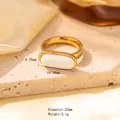 Gold titanium steel flower ring with white oval inlay and precise measurement details - Adjustable Open / Gold Horizontal Long Oval Ceramic-look White Stone (JOM25053)