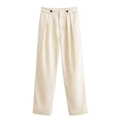 Pantalón de mujer de cintura alta y pierna ancha en color albaricoque con pliegues y botones - XS / Blanco Roto