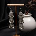 Detail of silver vintage bohemian three-tier Jhumka earrings with tassel beads - H4185 Antique Silver