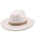 Detail view of white wool fedora hat featuring light khaki leather band and gold rivet - M (56-58cm) / White
