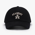 Black cotton baseball cap with white ACADEMY embroidery and curved brim for men and women - One Size / Black
