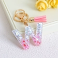 Glitter resin initial W keychain with pink tassel and gold metal hardware for women - Letter W / Pink