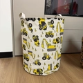 Large cream canvas storage bin with yellow construction truck prints and sturdy handles - Excavator