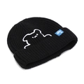 Detail of bear embroidery and side blue woven label on black knit beanie hat - Black