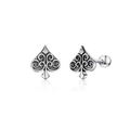 Punk style silver spade stud earrings with vintage engraved scroll patterns for men - Screw Spade Heart Pair / Silver