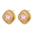 Fashionable 18K gold-plated vintage stud earrings with pink square-cut zircon stone - Pink