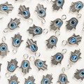 Silver Hamsa Hand alloy charms with blue eye pendants for DIY jewelry making - Antique Silver