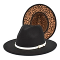 Dettaglio cappello in lana nera con tesa leopardata e cinturino bianco con fibbia - M (56-58cm) / Nero