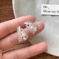 Lace-edged S925 silver stud earrings with gradient pearls and cubic zirconia - French Retro Lace Edge Earrings - A2284 Silver