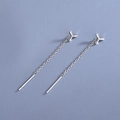 Minimalist S925 sterling silver drop chain earrings with three-petal flower stud design - Three-Petal Flower Threader / White Gold