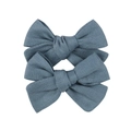 Set of two blue linen cotton embroidered bow hair clips for kids with textured finish - Morandi Blue Style (12) / 2 Pcs/Set / Blue