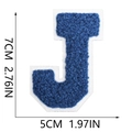 Detail of 7cm royal blue chenille letter J patch with white felt backing and size labels - Blue-Letter J