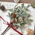 Christmas faux berry branch with frosted leaves, pinecones and a red ribbon bow - 12*27cm / Red Berry Mistletoe Bouquet
