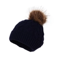 Classic dark blue knitted winter beanie for babies with a fluffy brown faux fur pompom - One Size / Navy Blue