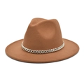 Brown wool fedora with silver metal chain accessory on white background - M(56-58cm) / Khaki