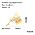 Macro view of 18K gold plated heart key and lock charms with dimensions and weight info - Rainbow Heart Lock Key Set (P03416)