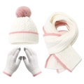 Set invernale 3 pezzi con cappello a pompon, sciarpa a righe e guanti touch bianchi e rosa - Bianco