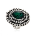 Anillo vintage ajustable de plata con un gran cristal verde y doble halo de diamantes - Abierto Ajustable / Plata Antigua Verde