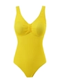 Détail d'un maillot de bain une pièce jaune avec tissu texturé ondulé et col en V chic - S / Hauts / Jaune
