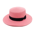 Detailed view of the pink boater hat with a chic black ribbon and elegant side bow - M (56-58cm) / Deep Pink