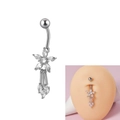 Silver flower belly button ring with zircon gemstones and elegant tassel pendant - Silver-Flower Tassel