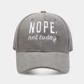 Close-up of white 3D embroidery showing NOPE text on a gray suede baseball cap - Adjustable / Gray