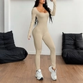 Tuta da yoga beige a maniche lunghe con scollo quadrato per donna, vestibilità slim - S / Cachi