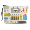 Off-white canvas makeup bag with survival tool prints and black zipper handle - First Aid Survival Theme 2 (With Wristlet)