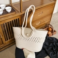 Minimalist beige woven tote bag with leather flap and pearl buckle detail - Large Hollow Beige No Silk Scarf