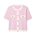 Detailed view of pink knit cardigan featuring gold embossed buttons and white contrast trim - Pink