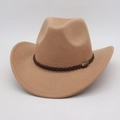 Detail of camel wool felt cowboy hat featuring a braided leather band and bronze buckle - Camel