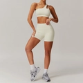 Women's cream white one-shoulder sports bra and high-waist shorts fitness set - 10/M / One Shoulder Shorts Creamy Apricot