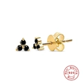 Macro view of S925 sterling silver three-stone triangle stud earrings with black stones - Clover Stud Earrings / Gold-Black