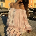 Pink off-the-shoulder ruffle mini dress with metallic sheen and layered pleats - S / Pink
