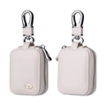 Detail view of off-white leather case with silver carabiner and musical note emblem - Milky White