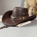 Vintage dark brown cowboy hat with silver bull head relief and adjustable wind rope - Bull Head Crack / Brown