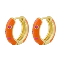 Orange enamel flower hoop earrings in 18K gold plated copper with pink floral pattern - 1 Pair / Orange