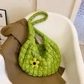 Grass green quilted puff tote bag with yellow flower charm and wide shoulder strap - Green with Charm