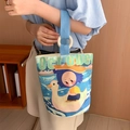 Canvas bucket handbag featuring cute girl and swan cartoon print with wooden ring handle - Swan Lake (Purple)