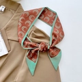 Rust red skinny scarf with mint green crescent moon print tied on a blazer collar - Caramel Crescent Moon