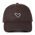 Detailed view of white heart embroidery on a dark brown cotton baseball cap - Coffee