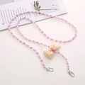 Pink and white acrylic beaded strap with yellow plaid bow and heart detail close-up - Candy Pink Bow (K1189)
