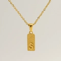 Gold stainless steel necklace with rectangular sandblasted pendant featuring letter S - Letter S